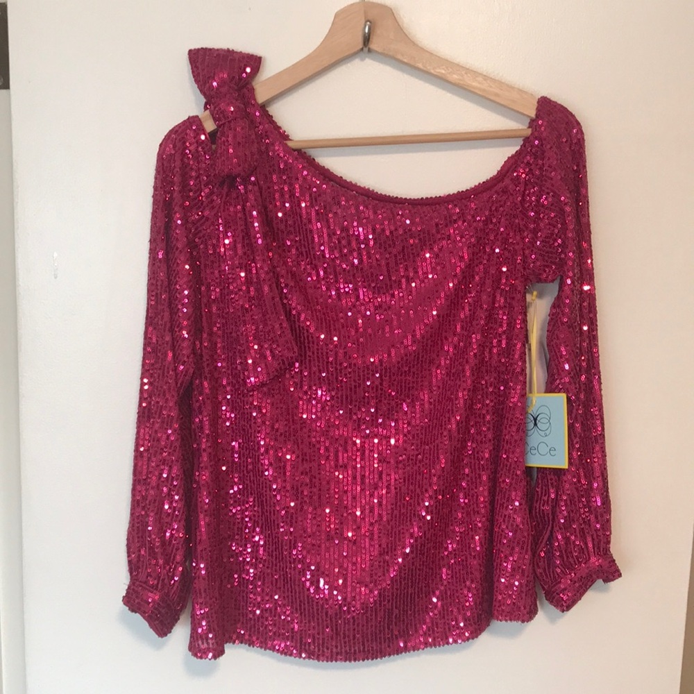 CeCe Fuchsia Sequin One-Shoulder Bow Blouse